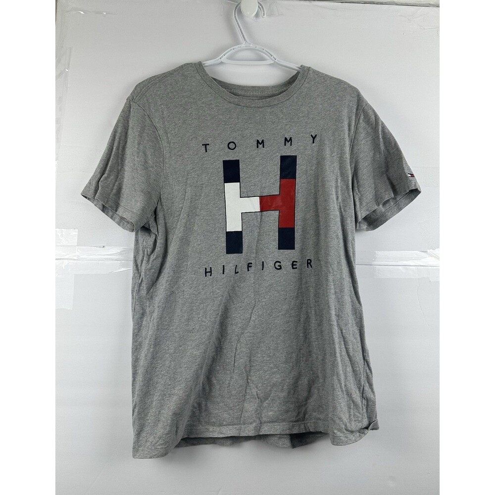 Tommy Hilfiger T-Shirt Mens M Gray Big H Flag Logo Embroidered Spellout Cotton